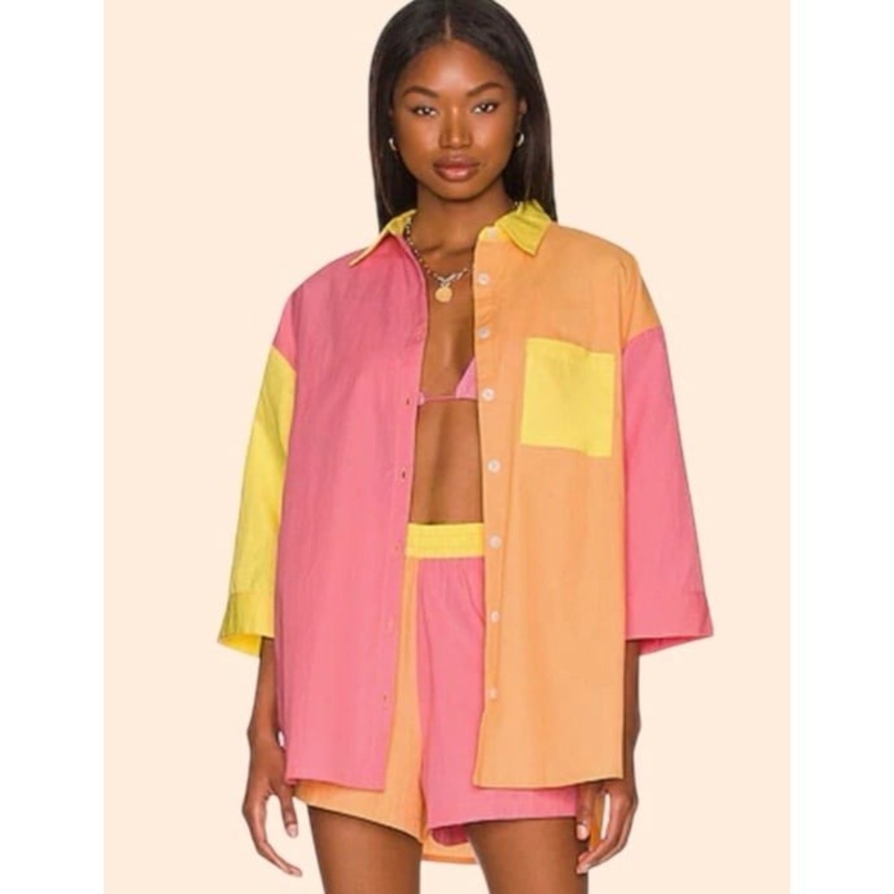 Its Now Cool Vacay Shirt Colorblock Oversized Button Up Coverup Top M NWT